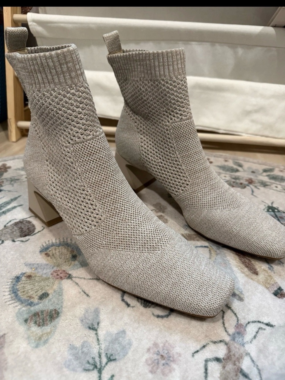 VIVAIA Knit Square-Toe Block Heel Ankle Boots - Beige/Cream - Size 43